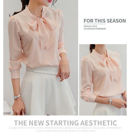 Summer Blouse Women Long Sleeve Shirts Fashion Leisure Chiffon Shirt Bow Office Ladies Pink White Tops