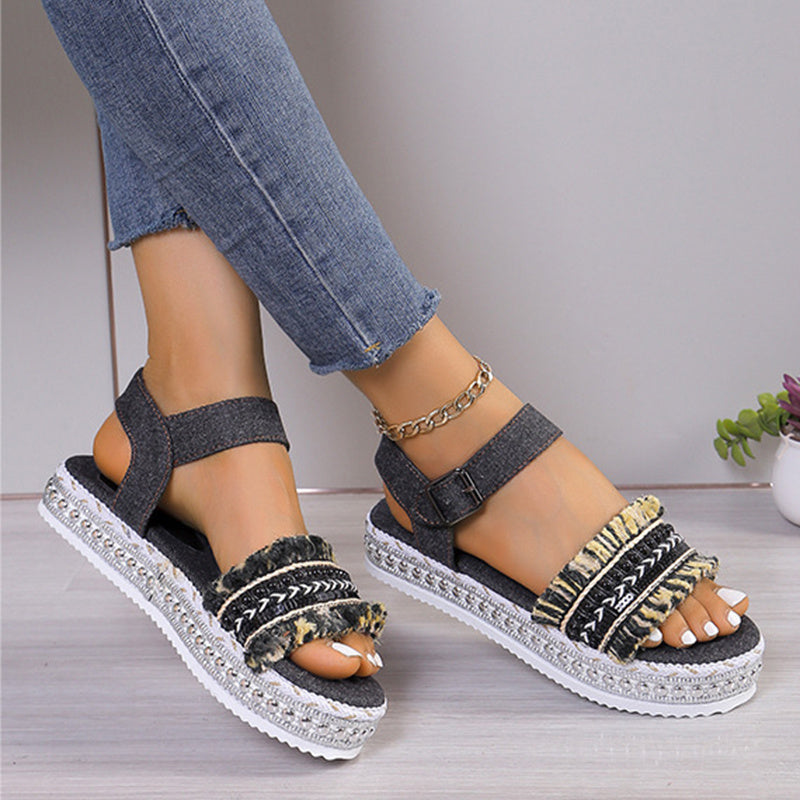 Fashion Tassel Denim Sandals With Thick-soled Flat Heel New Summer Hemp Rope Sole Ethnic Style Shoes For Women