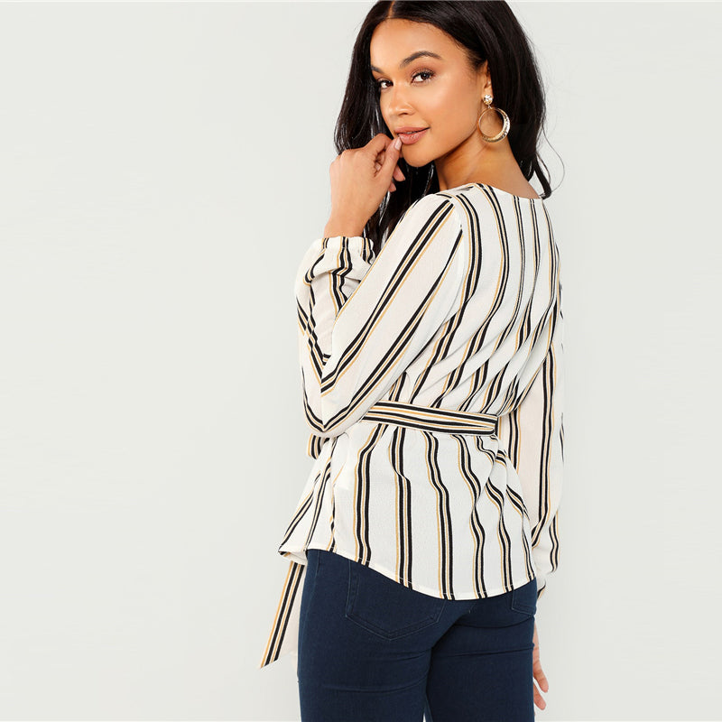 White Office Lady Elegant Striped Print Scoop Neck Long Sleeve Blouse Workwear Women Tops And Blouses