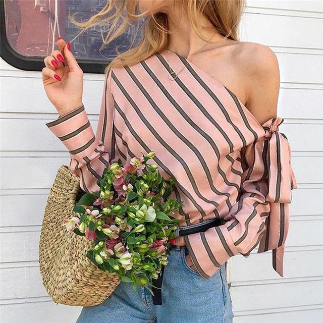 Summer Women Striped Loose Blouse Fashion Lady Off Shoulder Lace Up Shirts Female Elegant Tops