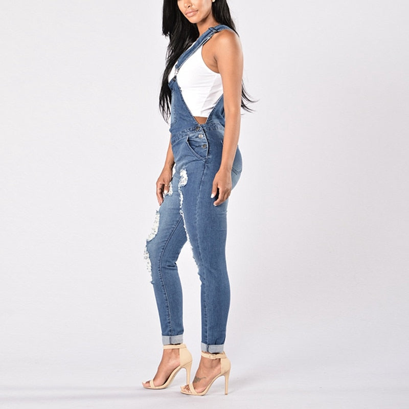 Women Overalls Cool Denim Jumpsuit Ripped Holes Casual Jeans Sleeveless Jumpsuits