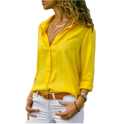 Long Sleeve Solid V-Neck Chiffon Blouse Female Work Wear Shirts Blouse Plus Size