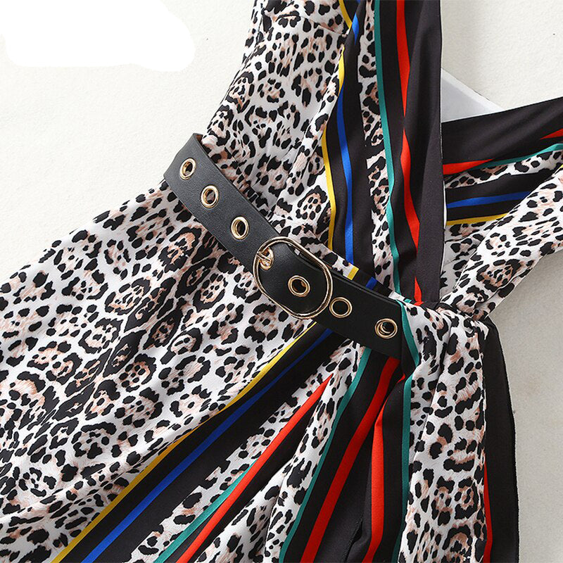 High Quality Spring And Summer New Leopard Print Sexy Suspender Split Ribbon Long Slim Temperament Dress