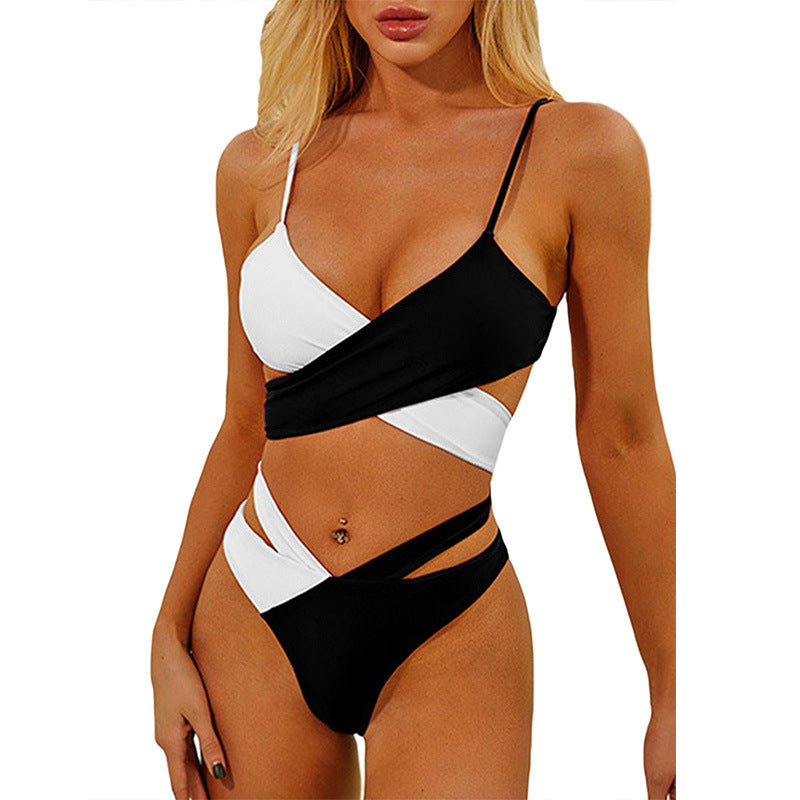 Ladies Tricolor Block Piece One Piece Swimsuit Bandage Swimsuit Bikini Swimwear