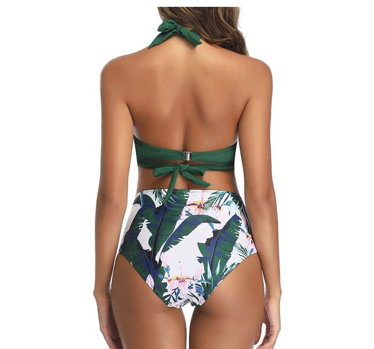 High Waisted Printed Neck Strap Swimsuit Women&