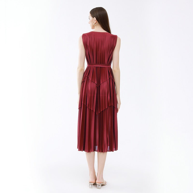 Satin splicing belt dress, feminine summer style, new wrought silk glossy sleeveless waist and knee-length dress