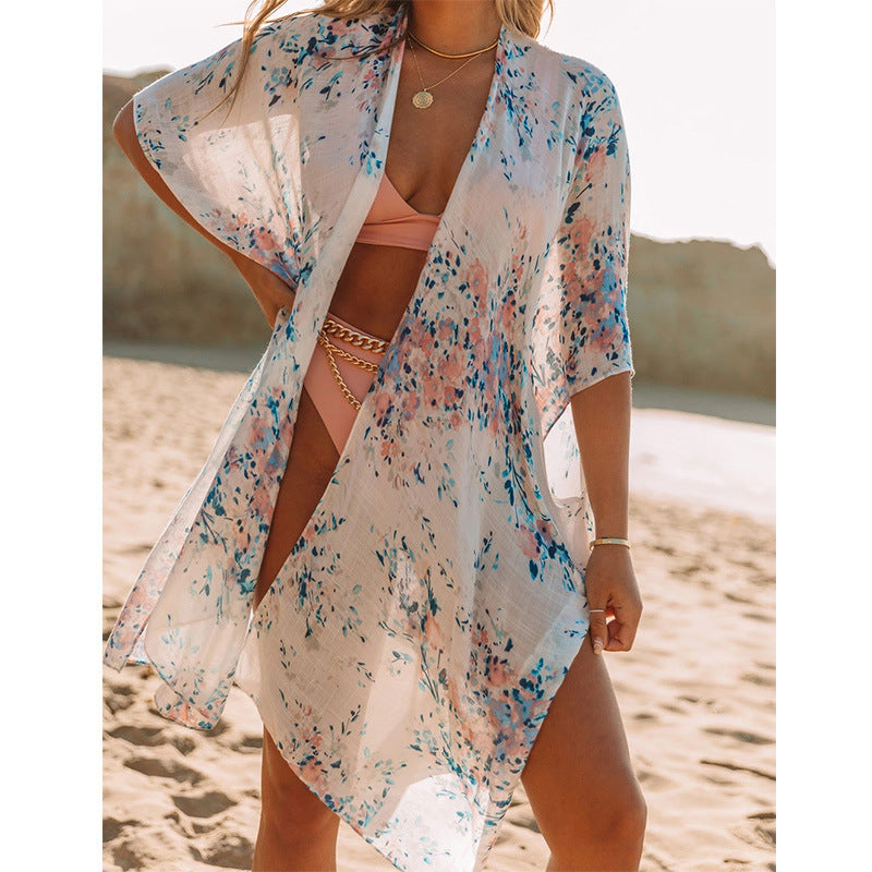 Summer Mid-length Slit Print Loose Beach Cover Sun Protection Shirt