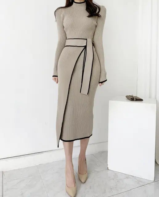 Korean Elegant Knitted Women Dress Full Sleeve O-neck Belted Sweater Dresses Solid Chic Warm Fashion Ladies Vestidos 2023