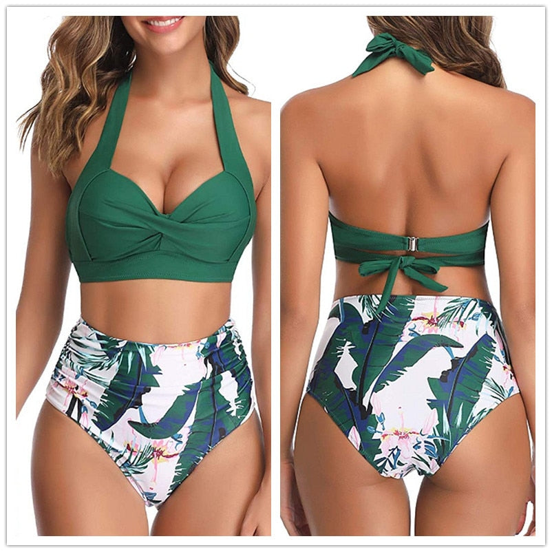 Sexy High Waist Bikini Florial Print Tankini Halter Sexy Bikini Set Polka Dot Female Swimwear Ladies Bathing Suit Plus Size XXL