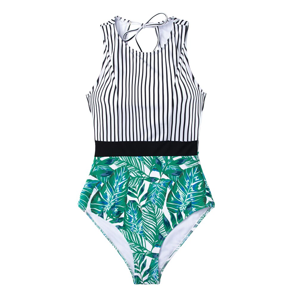 CUPSHE Black Striped And Green Leaf One-piece Swimsuit Women Sexy Cutout Monokini Bathing Suits 2021 New Girl Beach Swimwear