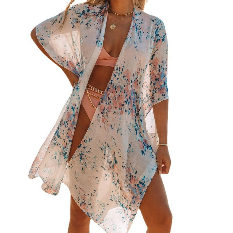 Summer Mid-length Slit Print Loose Beach Cover Sun Protection Shirt