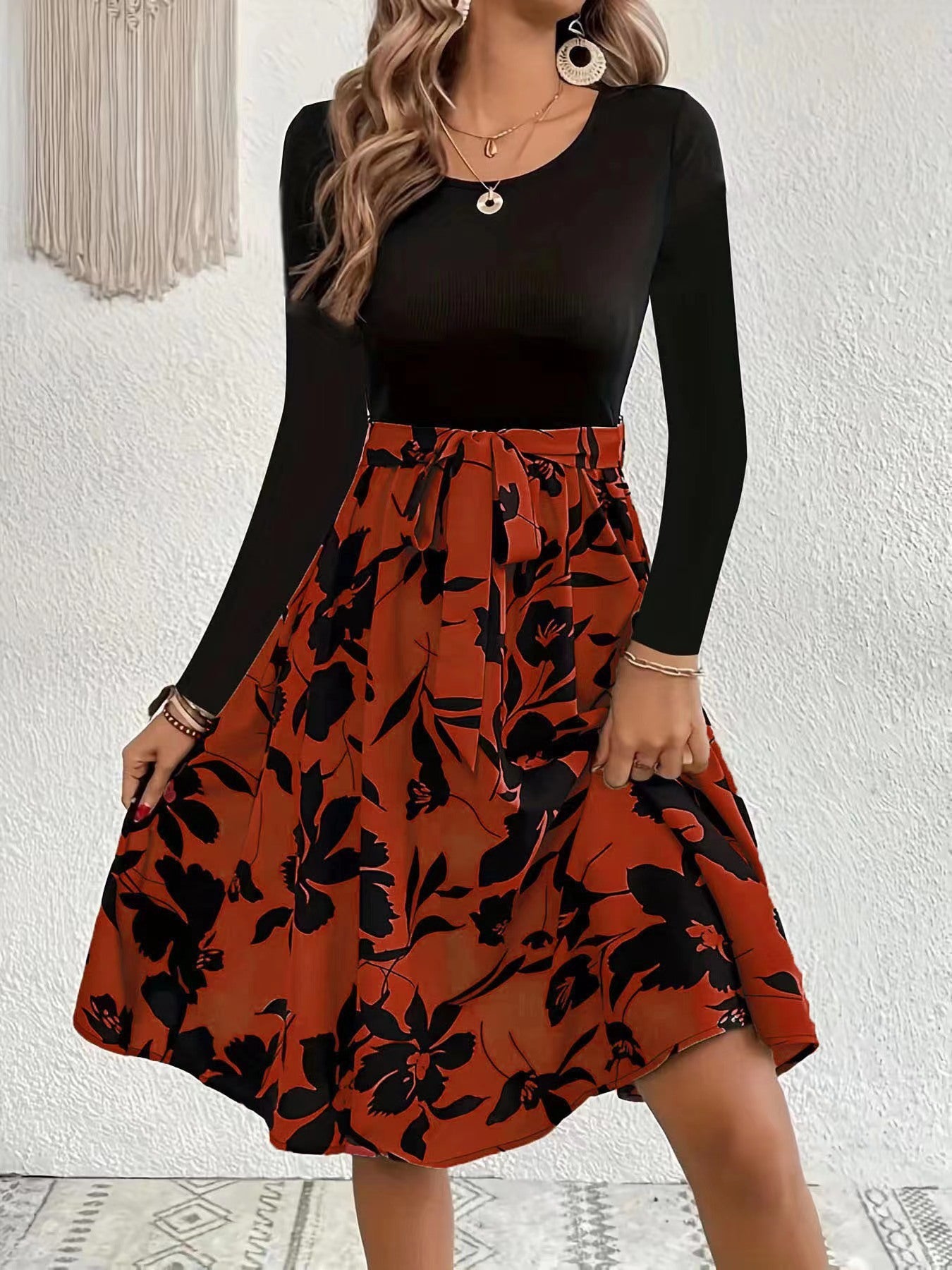 Floral Print Long Sleeve Dress Fashion Round Neck Tie Slim Dress Women&