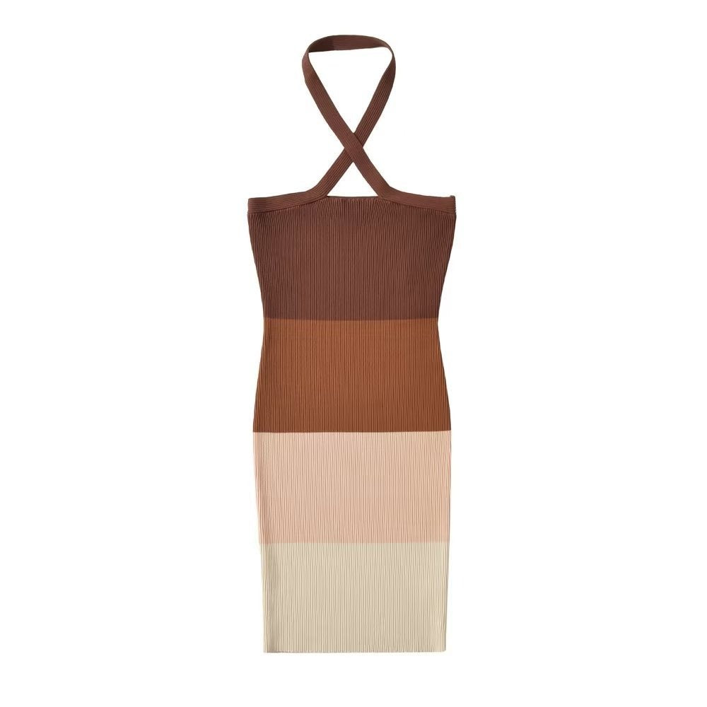 European and American Summer New Four Color Hanging Neck Contrast Knitted Dress Sexy Short Skirt