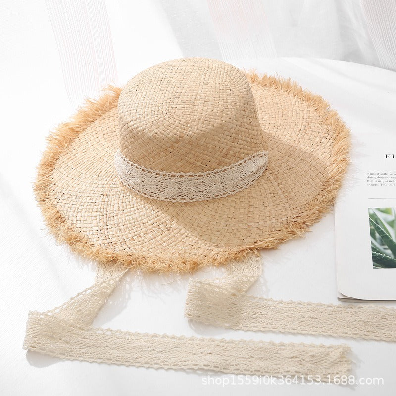 Strap Lafite straw hat for women with large brim in summer seaside Sun hat summer sun beach holiday beach hat