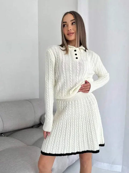 Long Sleeved Knitted Sweater Mini Skirt Two-piece Set Women Lapel Button Top Contrast Color Pleated Short Skirt Knit Suit