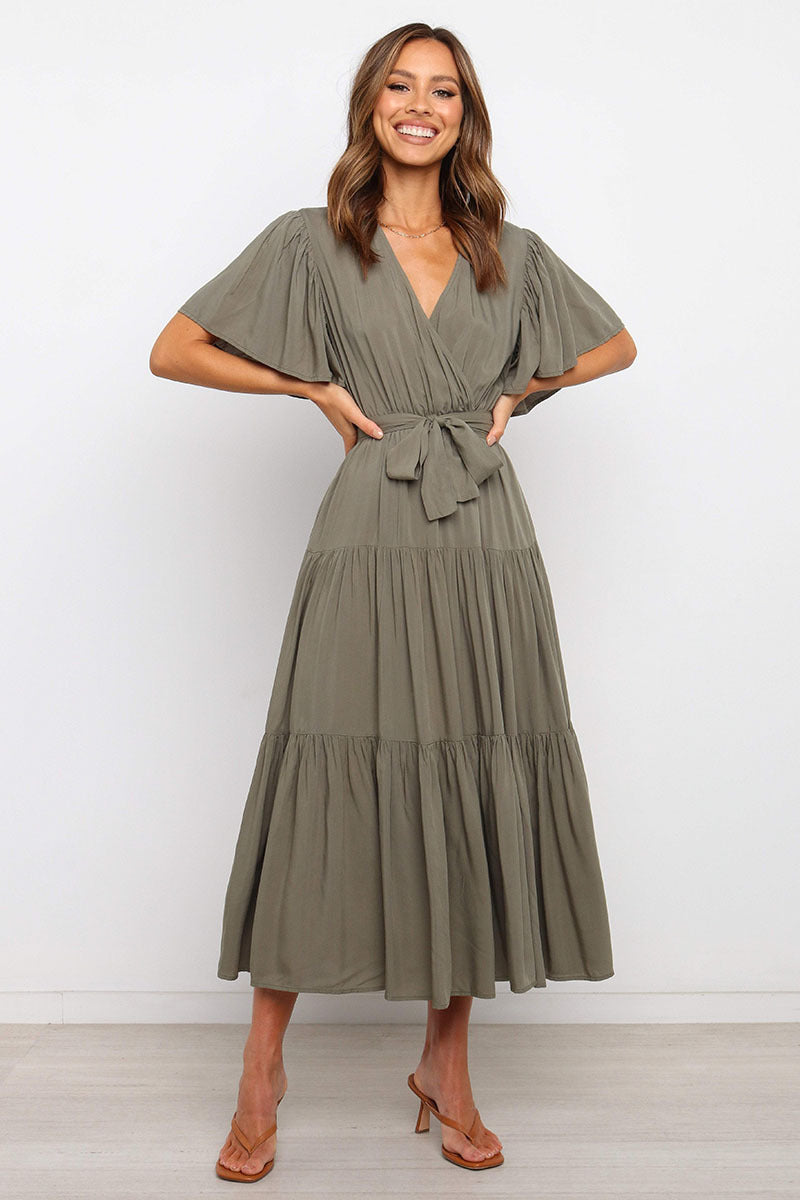 Fashion Solid Color Short-Sleeved Long Skirt Dress Dress V-Neck Lace-Up Dress