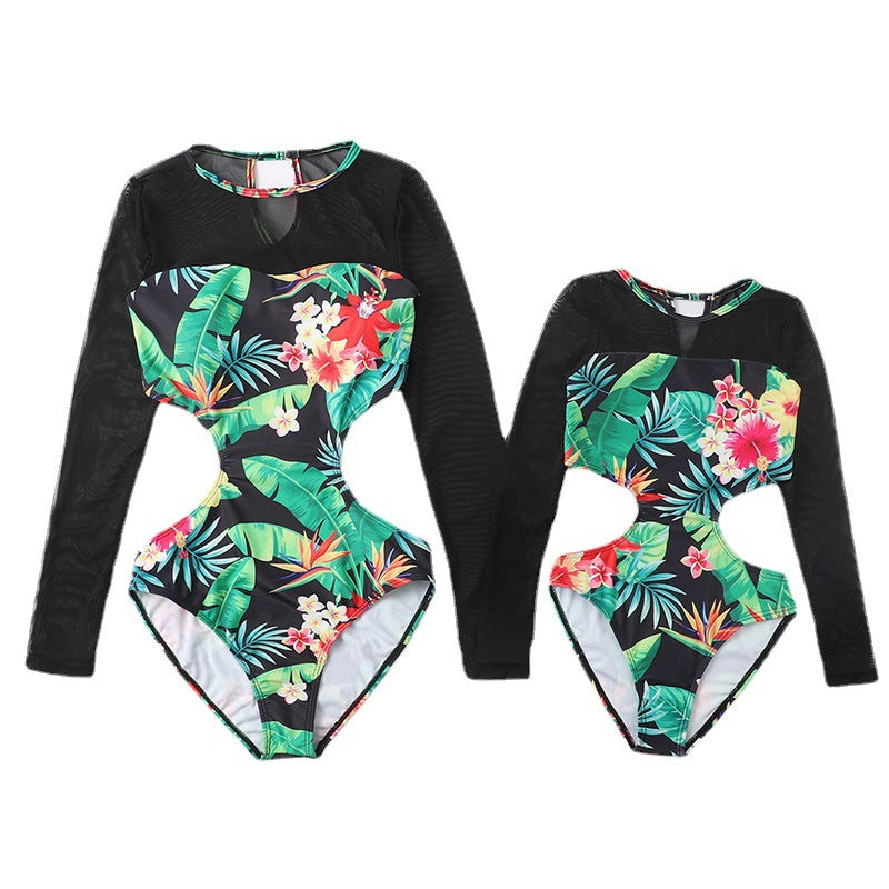 Parent-Child Swimwear New Long Sleeve Printed One Piece Bikini Kids Swimming Surf Snorkeling Swimwear