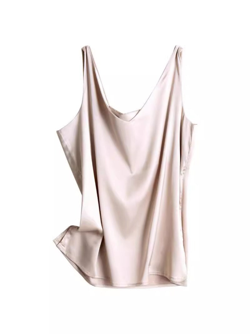 Suit white black silk satin V-neck double shoulder top