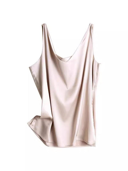 Suit white black silk satin V-neck double shoulder top