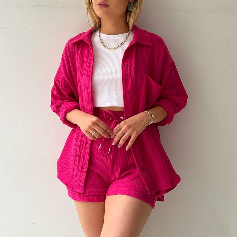 Spring Ruffle Collar Long Sleeve Shirt High Waist Drawstring Shorts Large Fashion Casual Suit