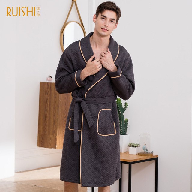 J&amp;Q mall robe warm air cotton sandwich couple pajamas long sleeve drop shipping men and women bathrobe pure cotton nightgown