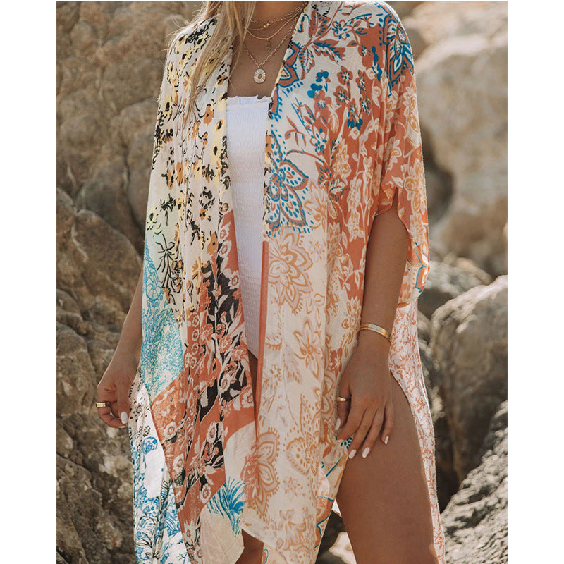 Summer Mid-length Slit Print Loose Beach Cover Sun Protection Shirt