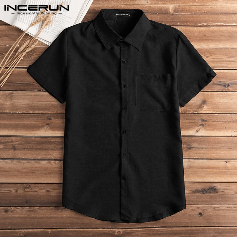 Short Sleeve Shirt Men Lapel Neck Button Pockets Solid Male Blouse Tops Men Brand Clothes