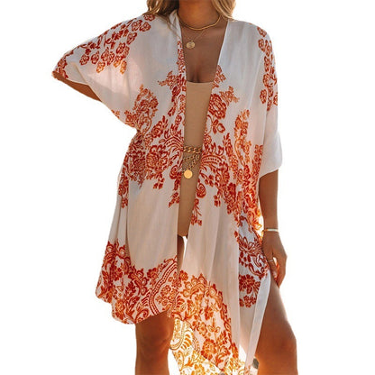 Summer Mid-length Slit Print Loose Beach Cover Sun Protection Shirt