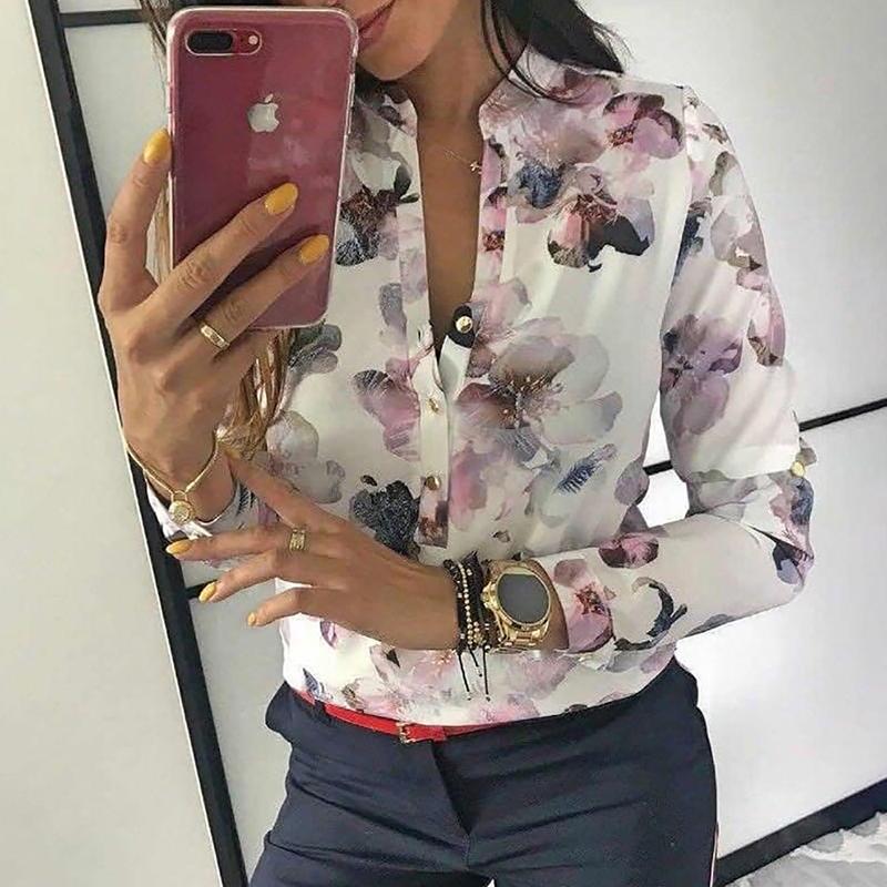 Women Elegant Casual Blouse Floral Print Button Design Long Sleeve Shirt Basic Top