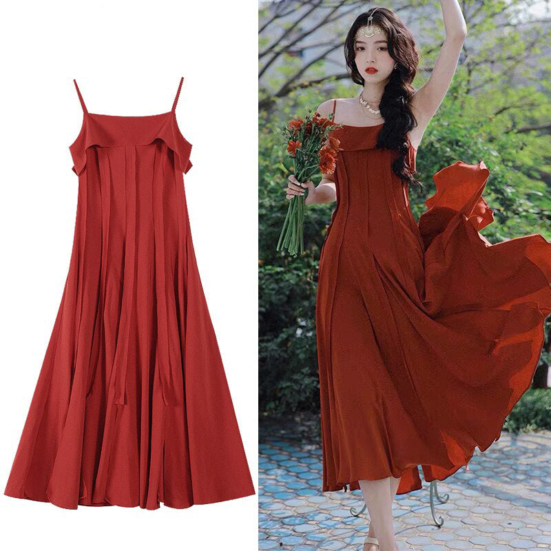 Stylish Dress Designer Red Strap Summer Party Dress Ruffles Backless Sexy High Waist High Quality