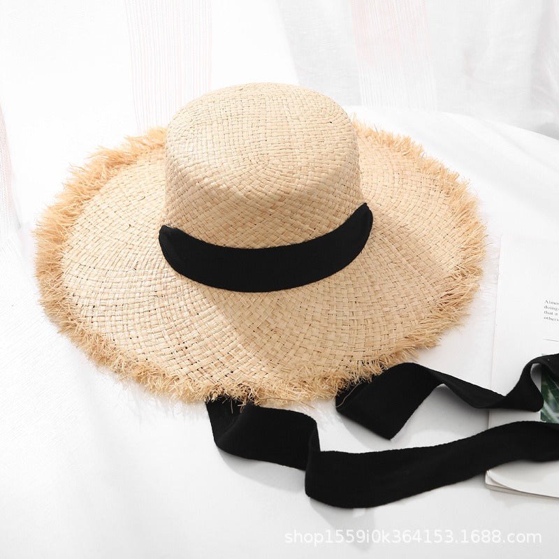 Strap Lafite straw hat for women with large brim in summer seaside Sun hat summer sun beach holiday beach hat