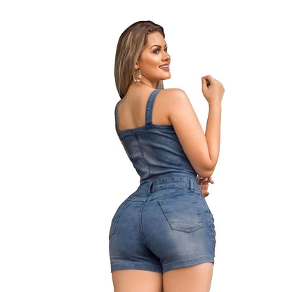 New European and American denim slim fit jumpsuit with white spray holes, jumpsuit denim shorts