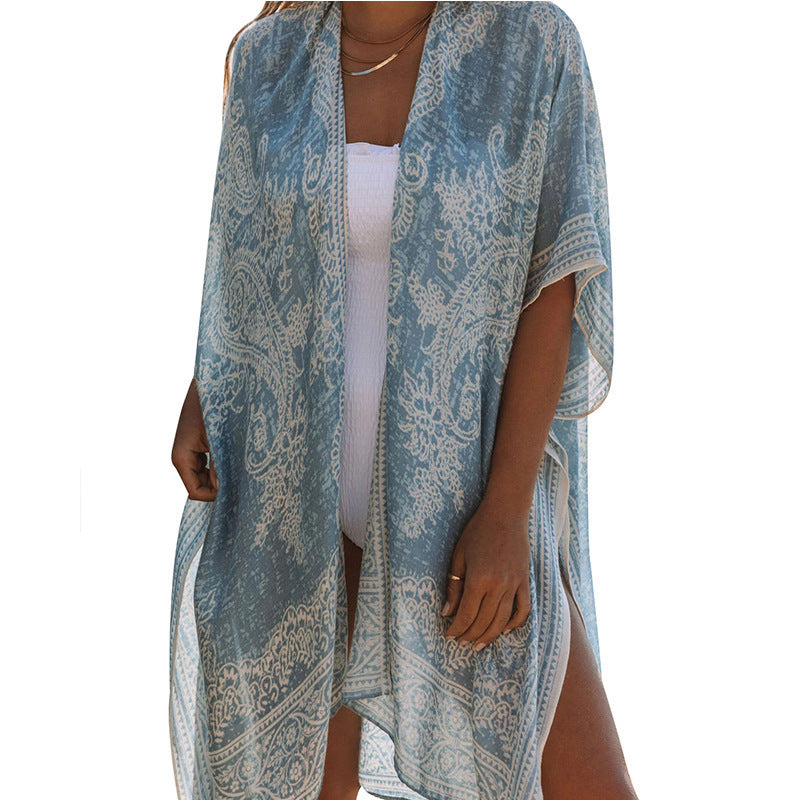 Summer Mid-length Slit Print Loose Beach Cover Sun Protection Shirt