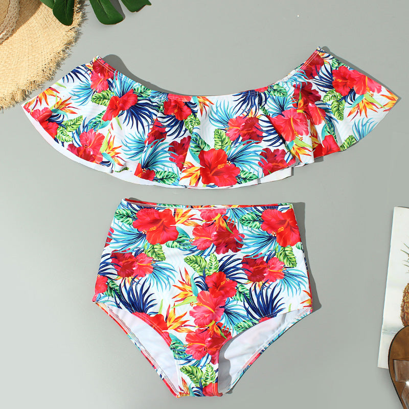 Floral Ruffled Hem Bikini Set Women Flora V-neck High-waisted Two Piece Swimsuit 2018 Girl Beach Bathing Suit Swimwear Biquinis