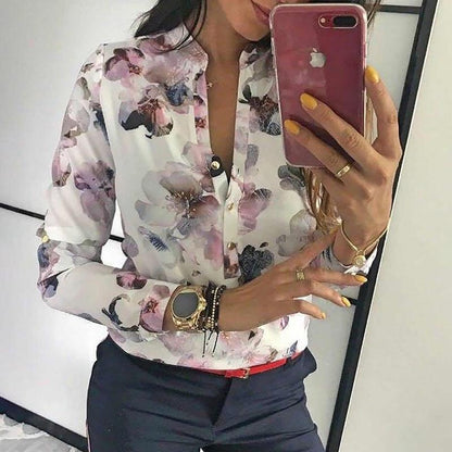 Women Elegant Casual Blouse Floral Print Button Design Long Sleeve Shirt Basic Top