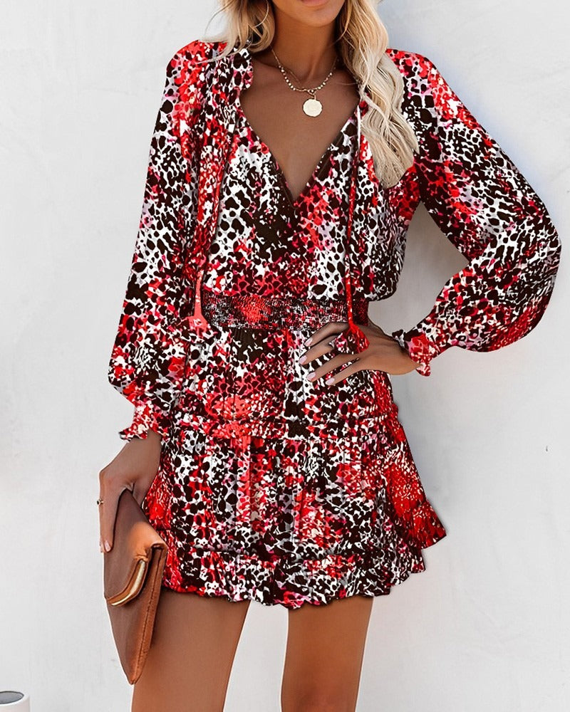 Long Sleeved V-Neck Fashionable Printed Waistband Dress for Women