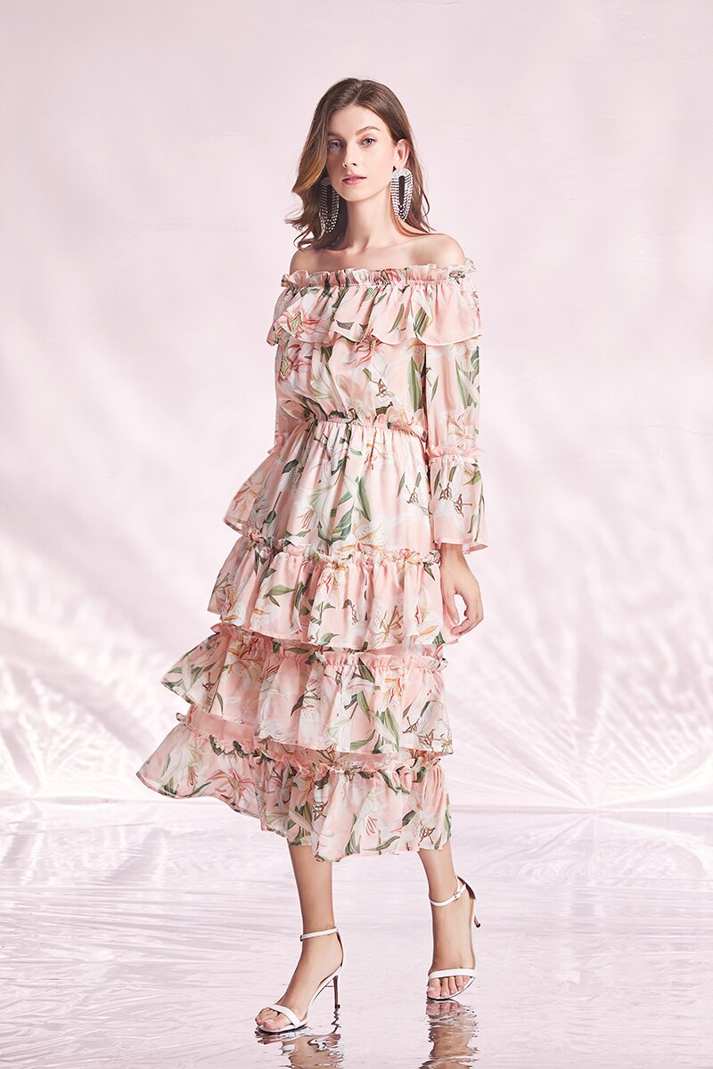 Pink Lily Flower Printed Layered Midi Dress Slash Neck Off The Shoulder Elastic Waist Party Holiday Beach Dress