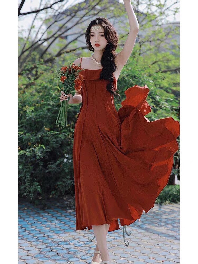 Stylish Dress Designer Red Strap Summer Party Dress Ruffles Backless Sexy High Waist High Quality