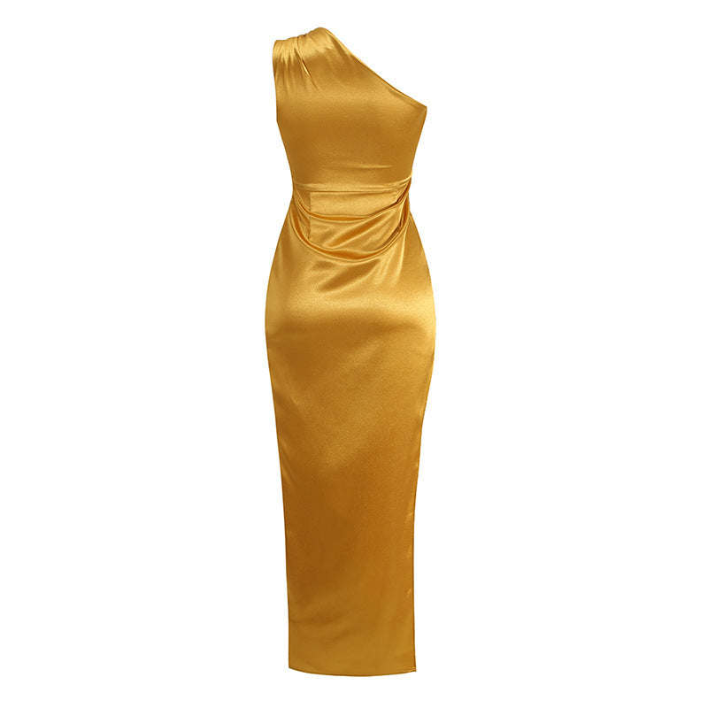 Fashion Solid Color Sexy Slanted Shoulder Slit Dress Women&