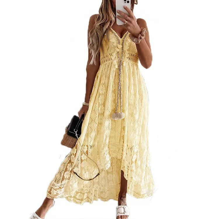 New European and American Fashion Strap Lace Large Swing Waist Long Dress