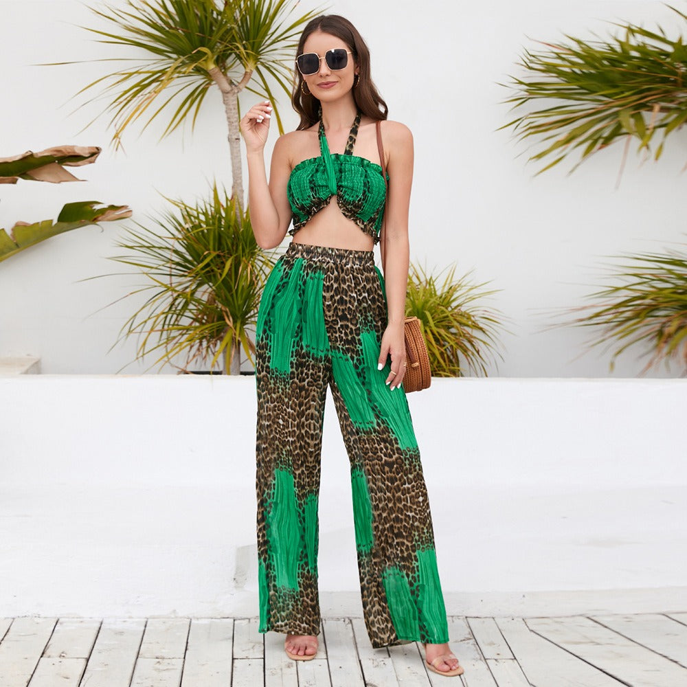 Summer New Suit Slim Fit Bustier Hanging Neck Top Printed Wide Leg Pants Casual Fashion Pants Set