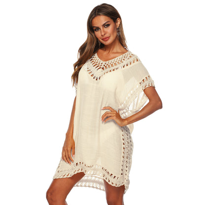 European and American V-Neckline Hook Splicing Hollowed Out Loose Beach Bikini Cover Up Dress