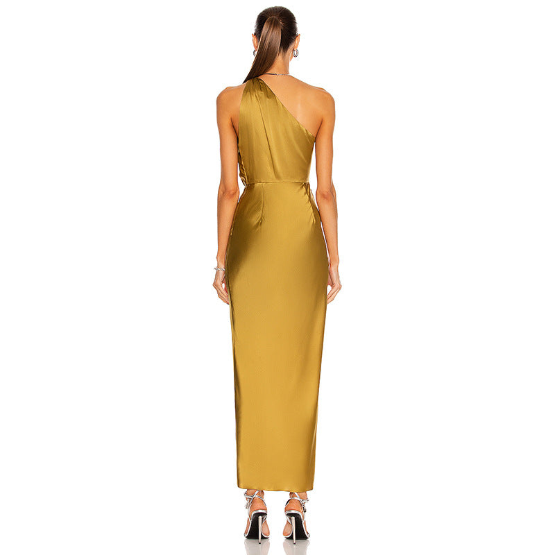 Fashion Solid Color Sexy Slanted Shoulder Slit Dress Women&