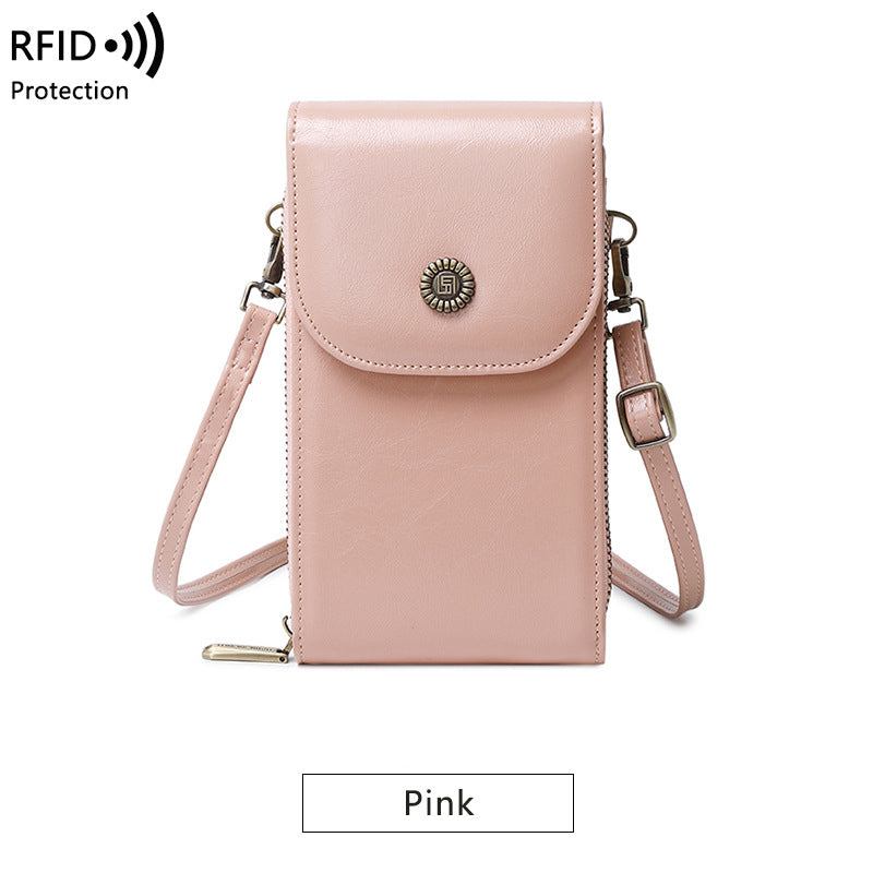 RFID Mobile Bag Female Oilskin Vertical Mobile Bag Mini One Shoulder Small Bag Fashion Crossbody Bag