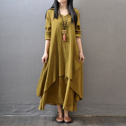 Fake two-piece long skirt large hem linen dress loose long sleeved cotton linen skirt