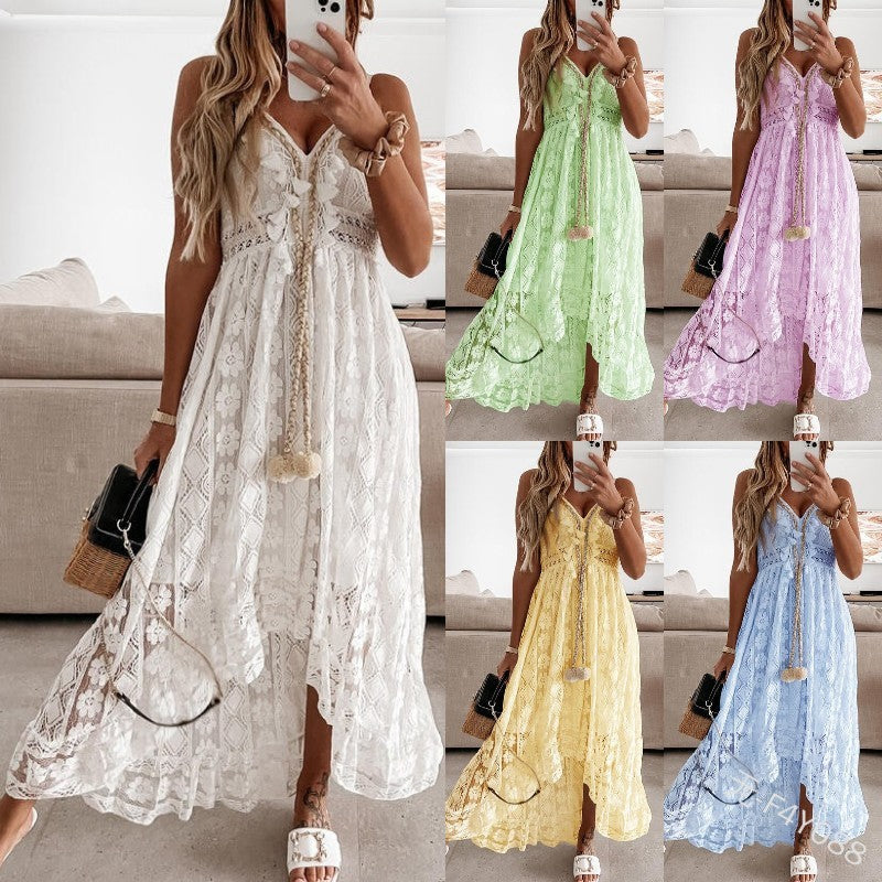 New European and American Fashion Strap Lace Large Swing Waist Long Dress