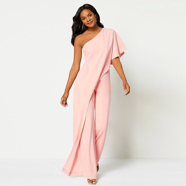 One Shoulder Jumpsuit Casual Solid Off Shoulder Ruffles High Waist Wide Leg Pants Jumpsuit