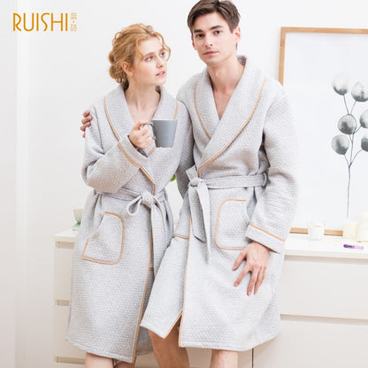 J&amp;Q mall robe warm air cotton sandwich couple pajamas long sleeve drop shipping men and women bathrobe pure cotton nightgown