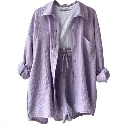 Spring Ruffle Collar Long Sleeve Shirt High Waist Drawstring Shorts Large Fashion Casual Suit