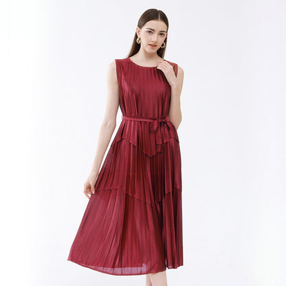 Satin splicing belt dress, feminine summer style, new wrought silk glossy sleeveless waist and knee-length dress